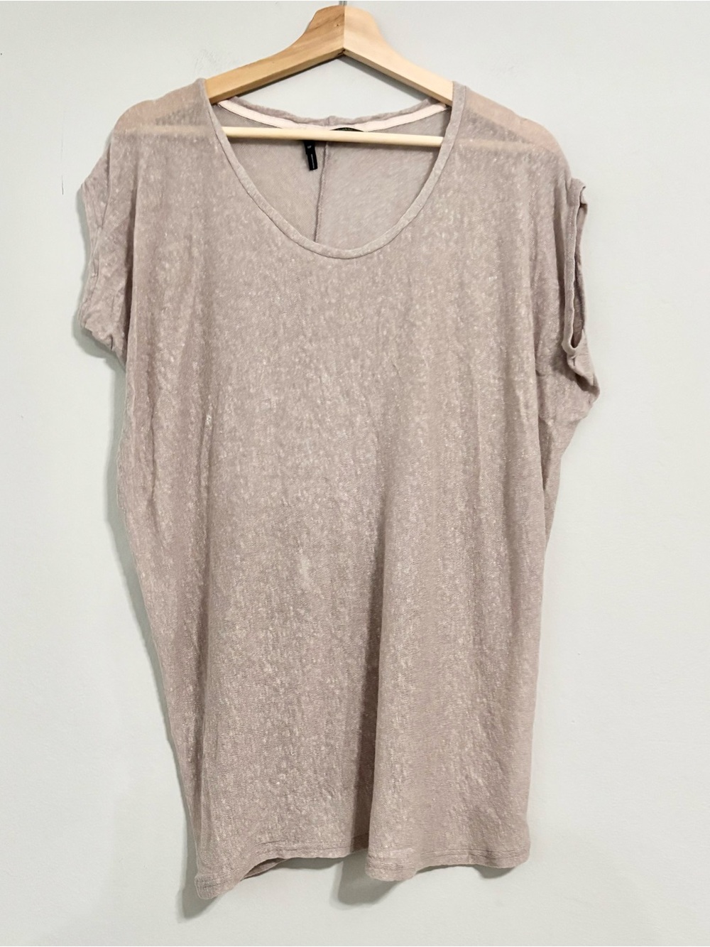 Obakki Tan Beige Linen / Silk Blend Oversized Tunic Short Sleeve Blouse